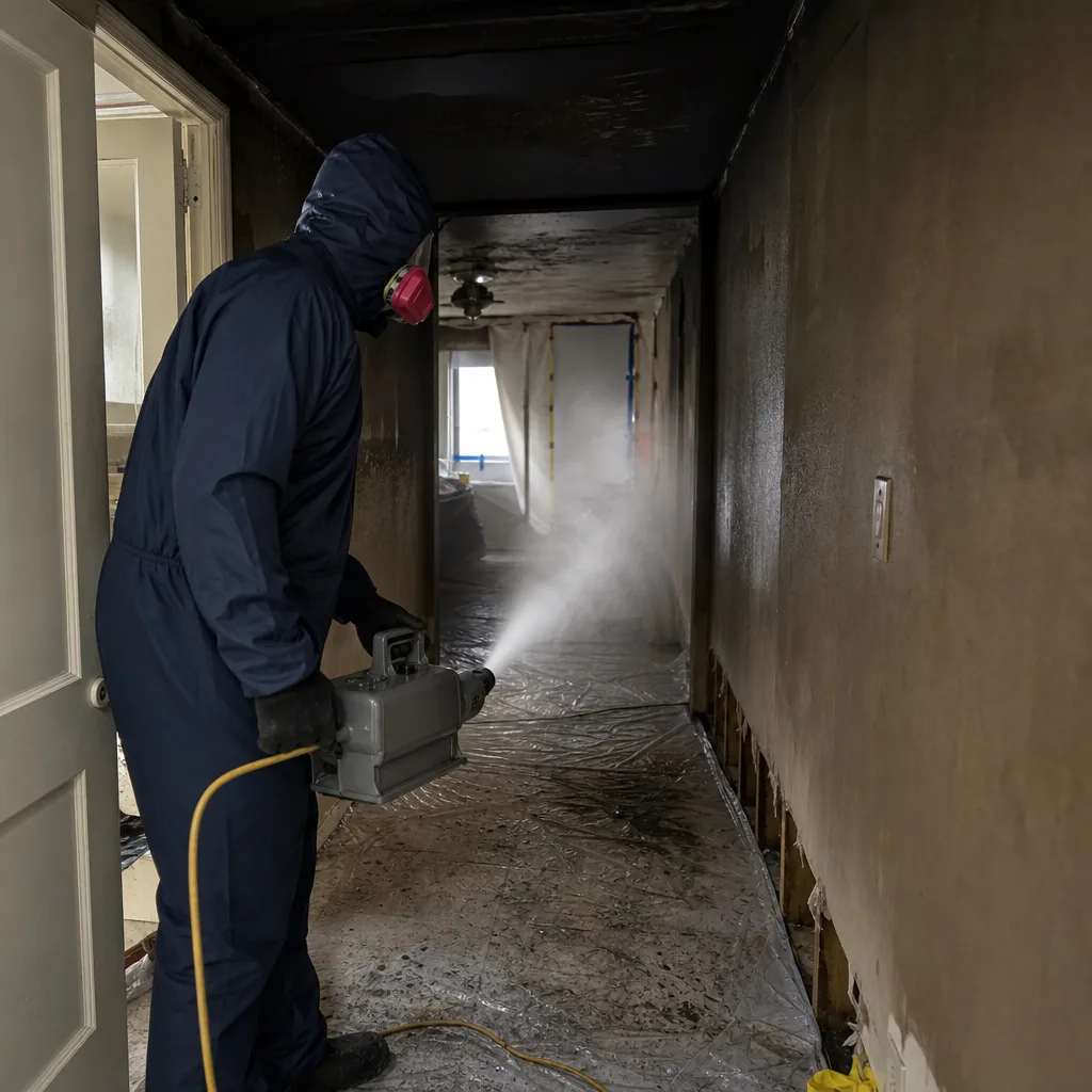 Restoration technician performing fire and smoke damage remediation services