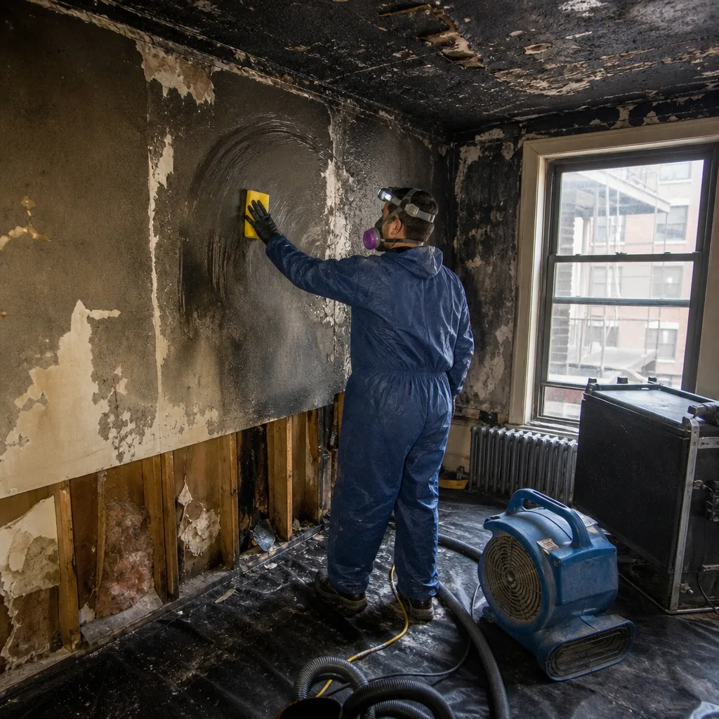 Technician performing professional fire and smoke damage restoration on a wall.