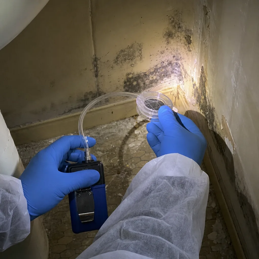 Professional technician performing mold air quality testing in a damaged home