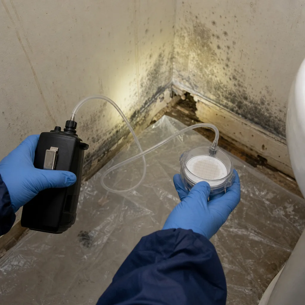 Professional technician performing mold air quality testing in a damaged home