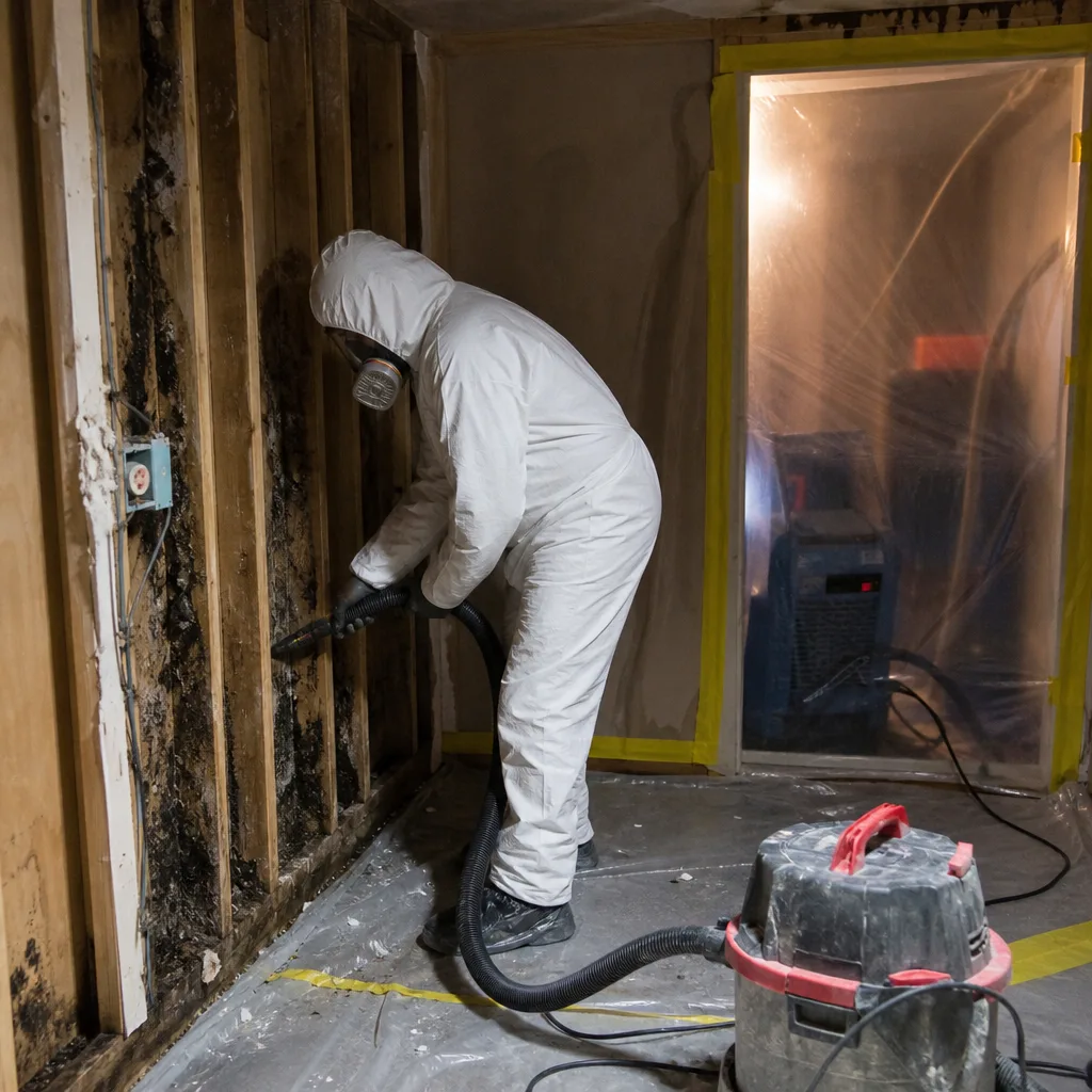 Technician in protective suit using HEPA vacuum for mold remediation service