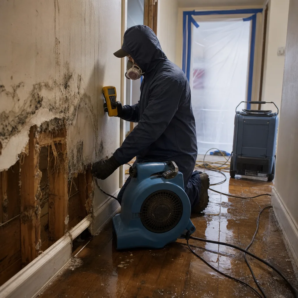 Technician using moisture meter on water damaged moldy wall during restoration in New York City, NY