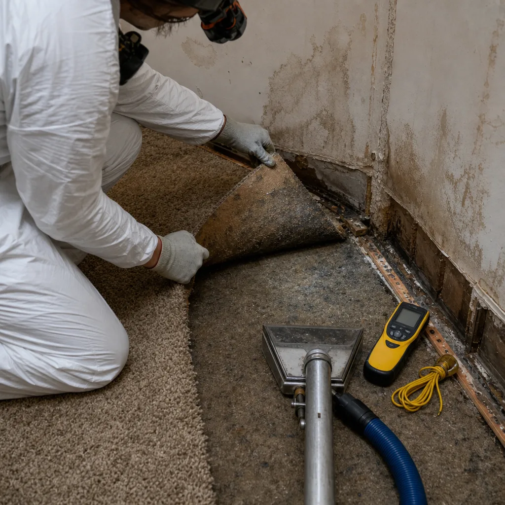 Professional performing water damage restoration on residential carpet and subfloor